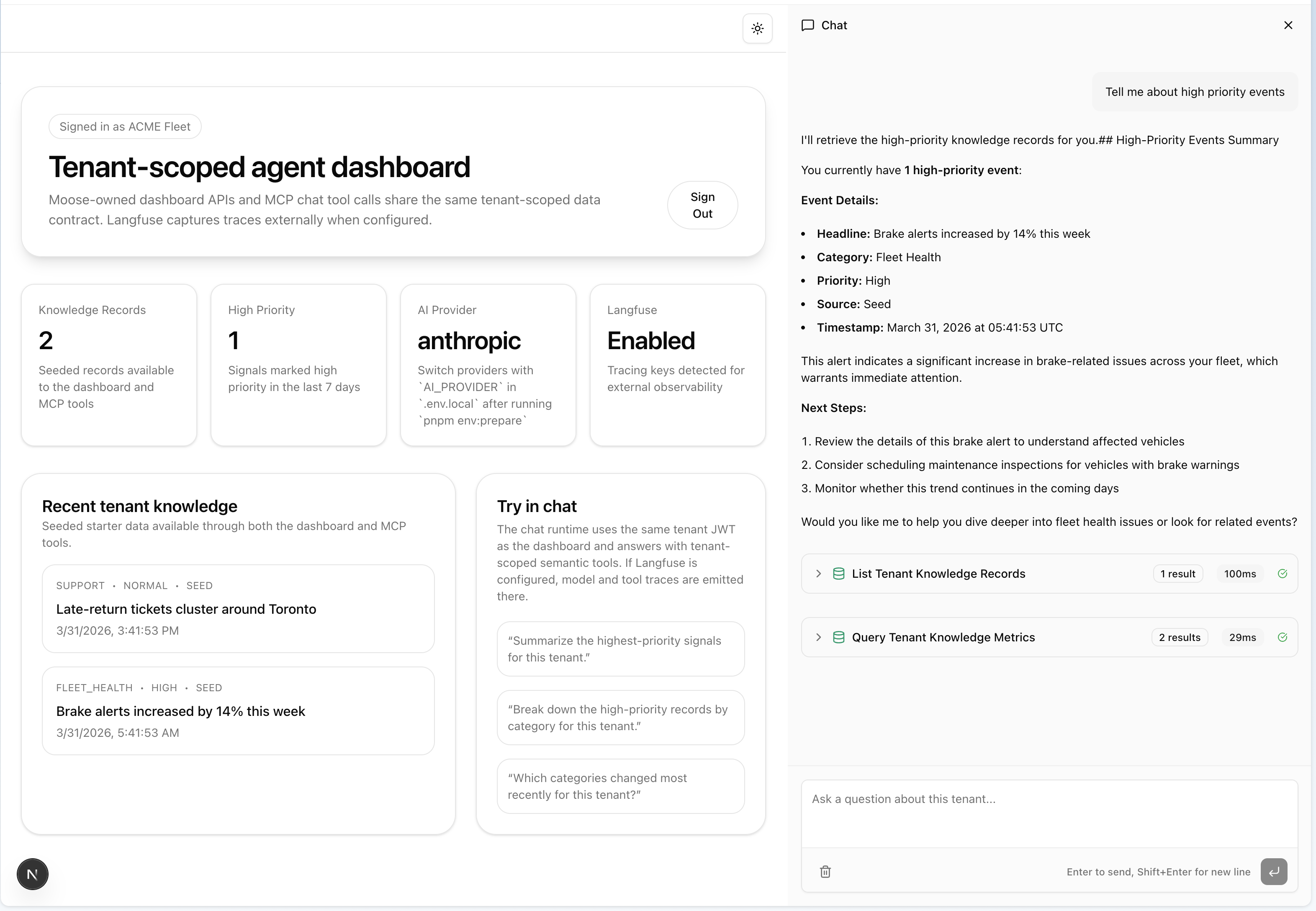 Chat panel showing tool calls with seeded data