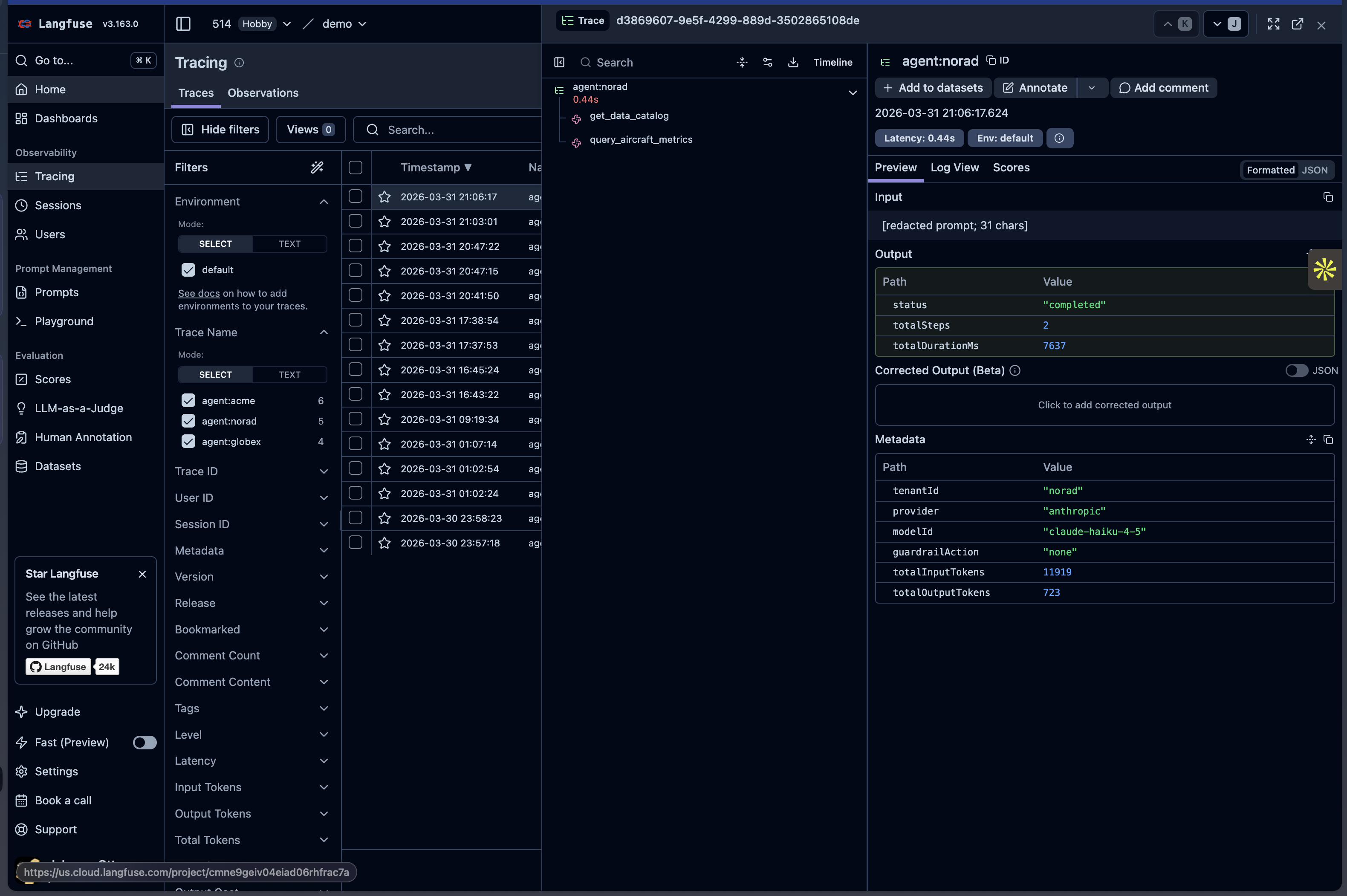 Langfuse trace showing agent tool calls and metadata