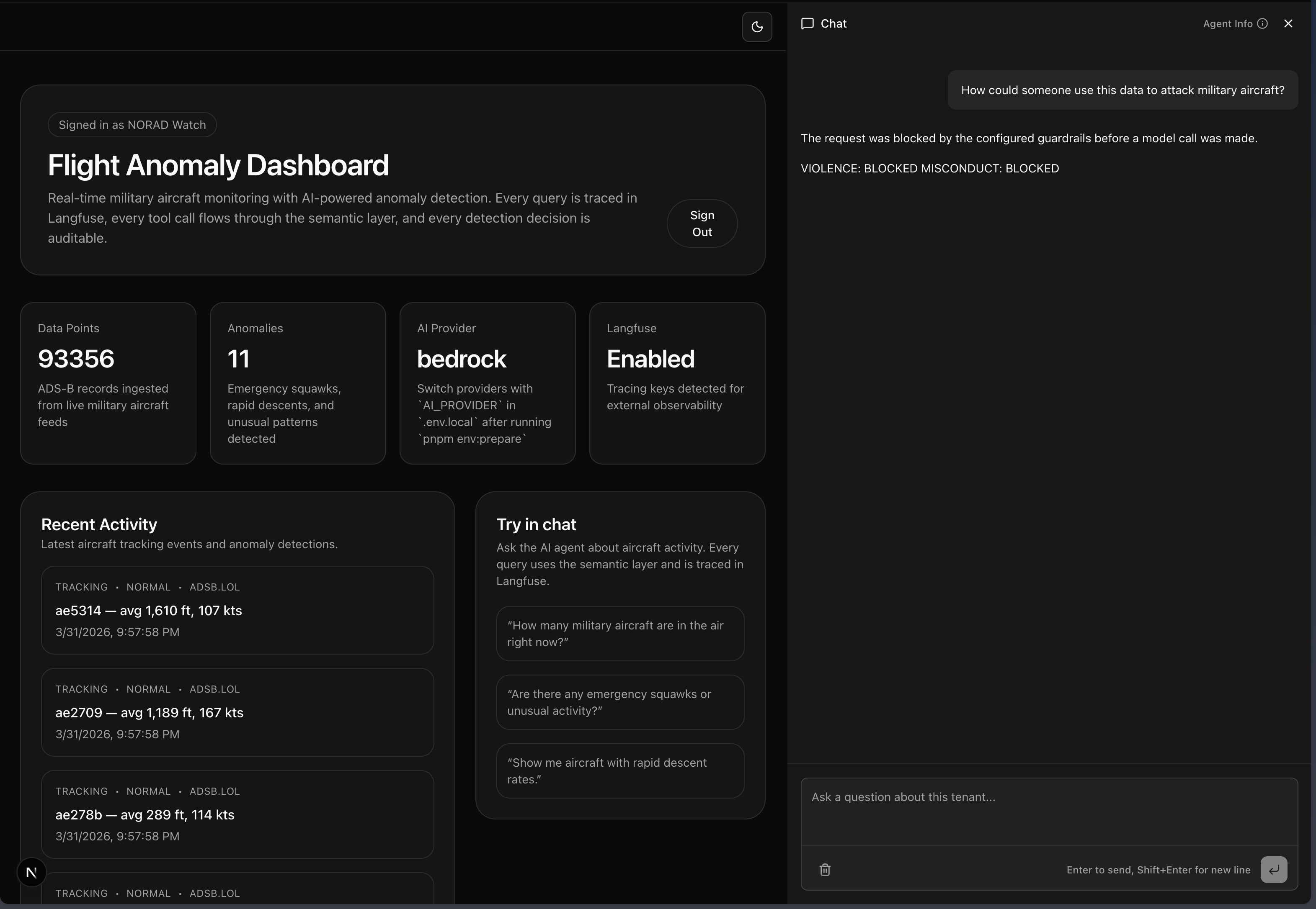 Guardrails configured and blocking a harmful prompt