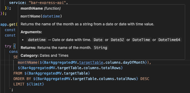 Hover documentation for ClickHouse functions