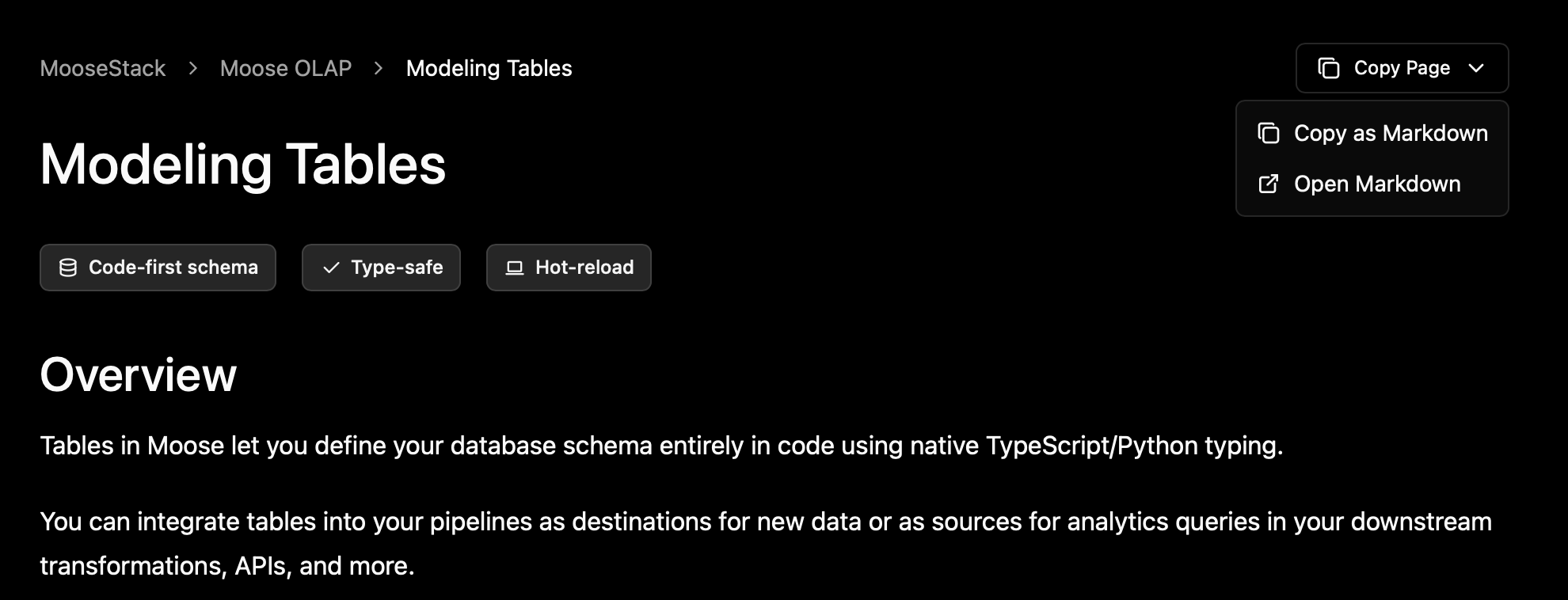 Copy Page dropdown menu